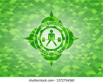 sumo deadlift icon inside realistic green emblem. Mosaic background