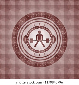 sumo deadlift icon inside red seamless emblem or badge with abstract geometric polygonal pattern background.