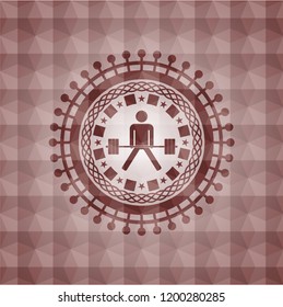 sumo deadlift icon inside red emblem or badge with geometric pattern background. Seamless.