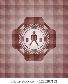sumo deadlift icon inside red emblem or badge with abstract geometric polygonal pattern background. Seamless.