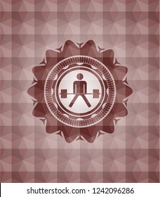 sumo deadlift icon inside red emblem or badge with geometric pattern background. Seamless.