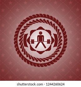 sumo deadlift icon inside red emblem. Retro