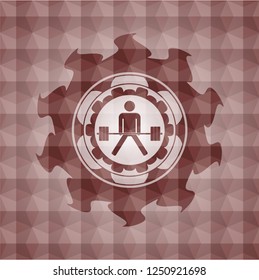 sumo deadlift icon inside red emblem with geometric pattern background. Seamless.