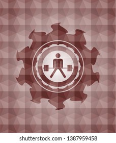 sumo deadlift icon inside red geometric pattern emblem. Seamless.