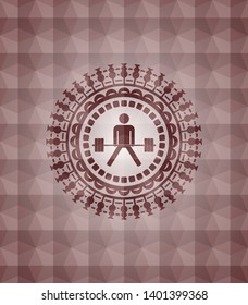 sumo deadlift icon inside red seamless emblem with geometric pattern background.