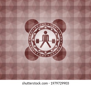 sumo deadlift icon inside red seamless emblem with geometric background. 