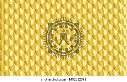 sumo deadlift icon inside shiny golden badge. Scales pattern. Vector Illustration. Detailed.