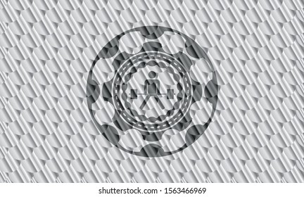 sumo deadlift icon inside silver color emblem or badge. Scales pattern. Vector Illustration. Detailed.