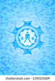 sumo deadlift icon inside sky blue emblem with triangle mosaic background