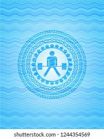 sumo deadlift icon inside sky blue water badge background.