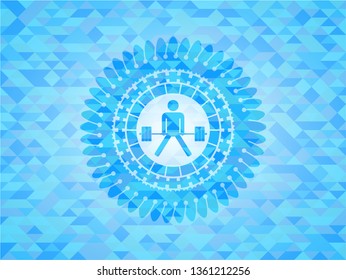 sumo deadlift icon inside sky blue emblem. Mosaic background
