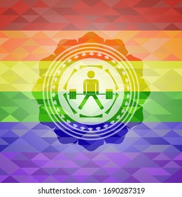 sumo deadlift icon on mosaic background with the colors of the LGBT flag