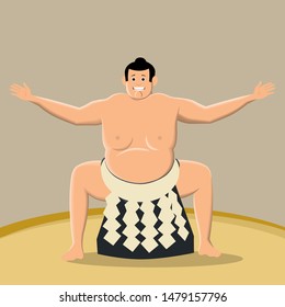 Sumo fighter, ready for the fight. Traditional Japanese martial arts. Big, heavy men go on a duel in front of an admiring audience. Vector illustration.