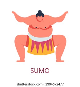 Sumo fighting art Japanese combat style isolated martial male character vector fat wrestler in pants wrestling attack position heavy weight man sport and physical activity training and competition.