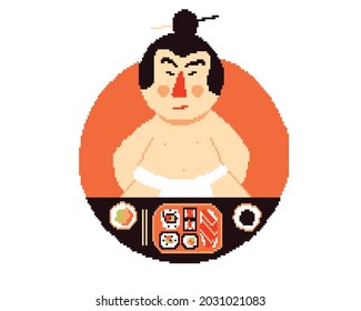 sumo having sushi for meal in pixel art icon