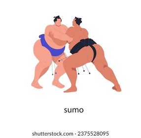 Sumo, Japan Ringturnier. Japanische Kämpfer in Kraft Sport, martische Kunst. Fette Männer, Ringkämpfer im Kampf Wettkampf, Spiel. Flache Vektorgrafik einzeln auf weißem Hintergrund