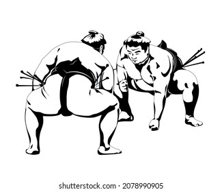 Sumo japanische Kampfkunst Tradition von Japan zwei Wrestler schwarz-weiß Grafik. Vektorgrafik