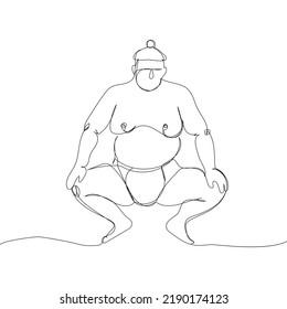 Sumo, japanese wrestler one line art. Continuous line drawing japan, fight, obesity, big man, person, pre-fight greeting, athlete, training, form, sport.