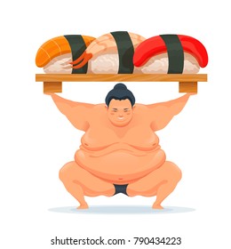 Sumo man holding a tray with different sushi with salmon, tuna. Illustration traditional asian Japanese food. Design for advertisement, decoration, menu. Vector isolated on white.