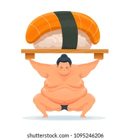 Sumo man holding a tray with salmon sushi. Illustration of the traditional asian Japanese food. Design for advertisement, decoration, menu. Vector isolated on white.