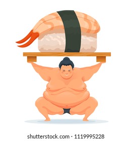 Sumo man holding a tray with sushi with a shrimp. Illustration traditional asian Japanese food. Design for advertisement, decoration, menu. Vector isolated on white.