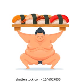 Sumo man holding a tray with sushi. Illustration traditional asian Japanese food. Design for advertisement, decoration, menu. Vector isolated on white.