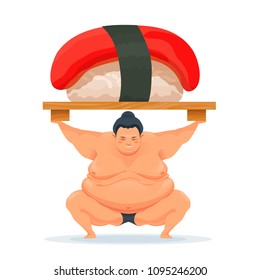 Sumo man holding a tray with tuna sushi. Illustration of the traditional asian Japanese food. Design for advertisement, decoration, menu. Vector isolated on white.