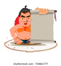 sumo man showing blank old paper to presenting. Japanese traditional information concept - vector illustration