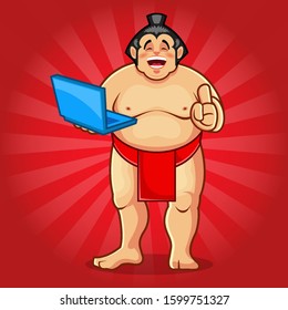 Sumo Mascot Holding Laptop Stock Illustration Vector