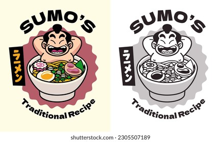 Sumo Mascot Ramen Cartoon Logo Set Japanese Word Means Ramen