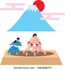 Sumo and Mt. Fuji. Japanese image. Vector material