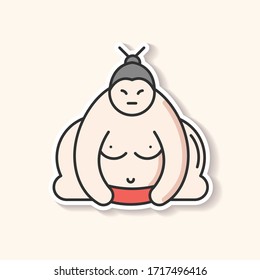 Sumo patch. Traditional asian wrestler. Shirtless large athlete in power stance. Japanese ringer ready for wrestling. Man with heavy body. RGB color printable sticker. Vector isolated illustration