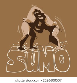 Ein Sumo-Poster-Design, das zwei Sumo-Wrestler im Kampf auf braunem Hintergrund mit dem stilisierten Text "SUMO" unten zeigt. Die Wrestler sind in dynamischen Posen dargestellt, die ihre Stärke und Bewegung hervorheben.