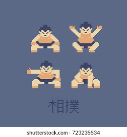 sumo posture, pixel art icons set, vector illustration.