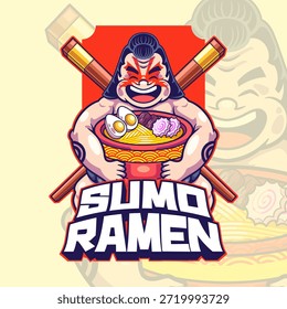 Sumo ramen Cartoon Maskottchen Vektorgrafik Logo-Design. Japanisches Nudeln-Food-Logo für Restaurant-Branding, Maskottchen.