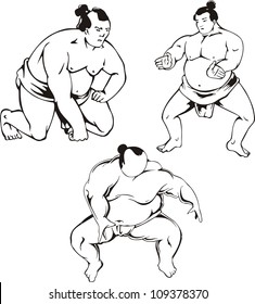 Sumo. Set of black and white vector illustrations.