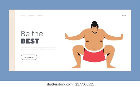 Sumo Sport Landing Page Template. Sumo Wrestler Man Presenting Traditional Japanese Martial Arts, Overweight Male Character, Japan Sportsman Stand in Squat Pose. Cartoon People Vector Illustration