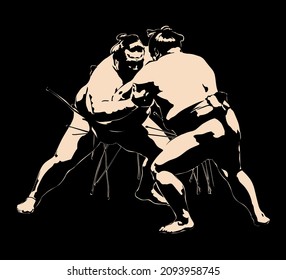 Sumo, Two Athletes Face Off Sports Duel. Silhouette Black White. Vector Illustration