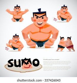 Sumo Wrestler In Action Set. Character Design, Japanese  Traditional Concept - Vector Illustration