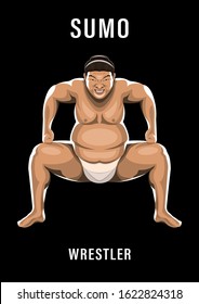 Sumo wrestler in the attack stance with a grimace of intimidation isolated on a black background, front view. Detailed realistic vector, illustration with shadows, stock.