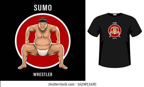 Sumo wrestler in the attack stance with a grimace of intimidation in red circle isolated, front view. Print for black tee shirt vector, illustration with shadows, stock.