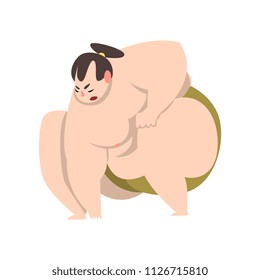Sumo wrestler character in fighting stance, sumoist athlete, Japanese martial art fighter vector Illustration on a white background