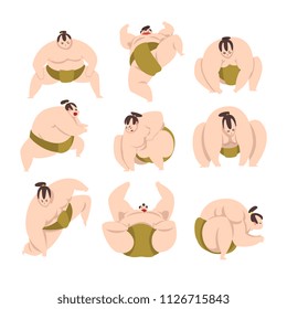 Sumo wrestler character set, sumoist athlete in action, Japanese martial art fighter vector Illustrations on a white background