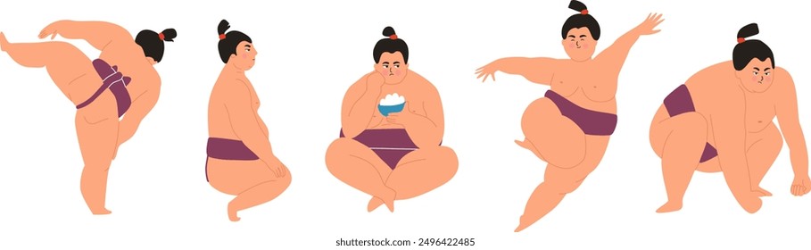 Sumo wrestler character in variety poses and emotions. Sport person, workout, fight, eating, dancing.