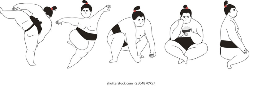 Sumo wrestler character in variety poses and emotions. Sport person, workout, fight, eating, dancing.