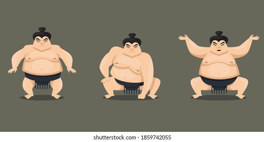 Sumo wrestler in different poses. Male character in cartoon style.