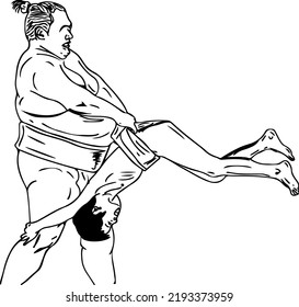 Sumo Wrestler Doodle Cartoon Drawings, Sumo Wrestler In Funny Pose Sketch Drawing, Sumo Wrestler Lifting A Sumo Kid Player