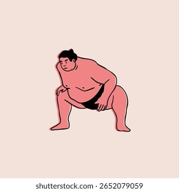 Sumo Wrestler. Fight ready position. Japanese traditional martial art, combat sport activity concept. Hand drawn trendy Vector illustration. Isolated design element. Sticker, logo, print template