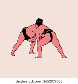 "Sumo Wrestler". Posição de combate. Arte marcial tradicional japonesa, conceito de atividade esportiva de combate. Desenhado à mão na moda ilustração Vetor. Elemento de design isolado. Adesivo, logotipo, modelo de impressão