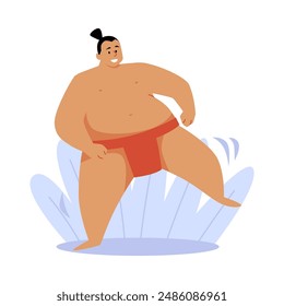 Sumo wrestler. Flat vector image of a sports figure in a traditional Japanese martial art. The man stands in a fighting stance. Sports themed scene. Isolated illustration in cartoon style.